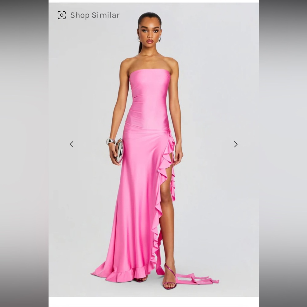 Pink maxi prom dress with a slit and ruffles